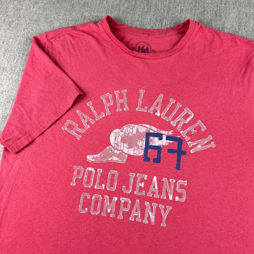 Y2K Ralph Lauren Polo Jeans Co T-Shirt Mens L Red Pink Winged Foot 67 Distressed